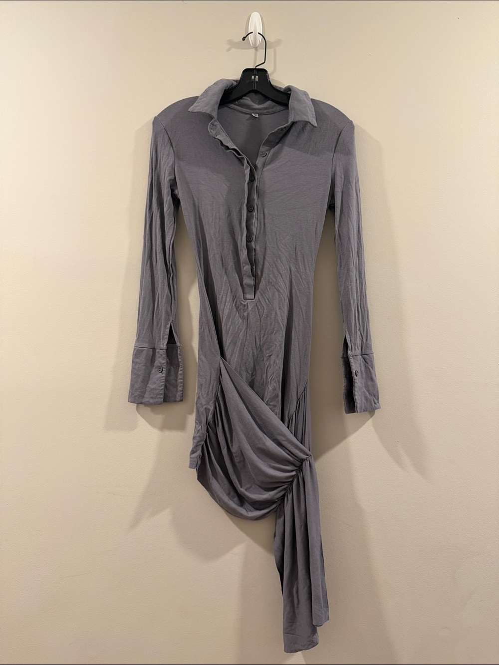 Gray Long-Sleeve Hooded Wrap Dress